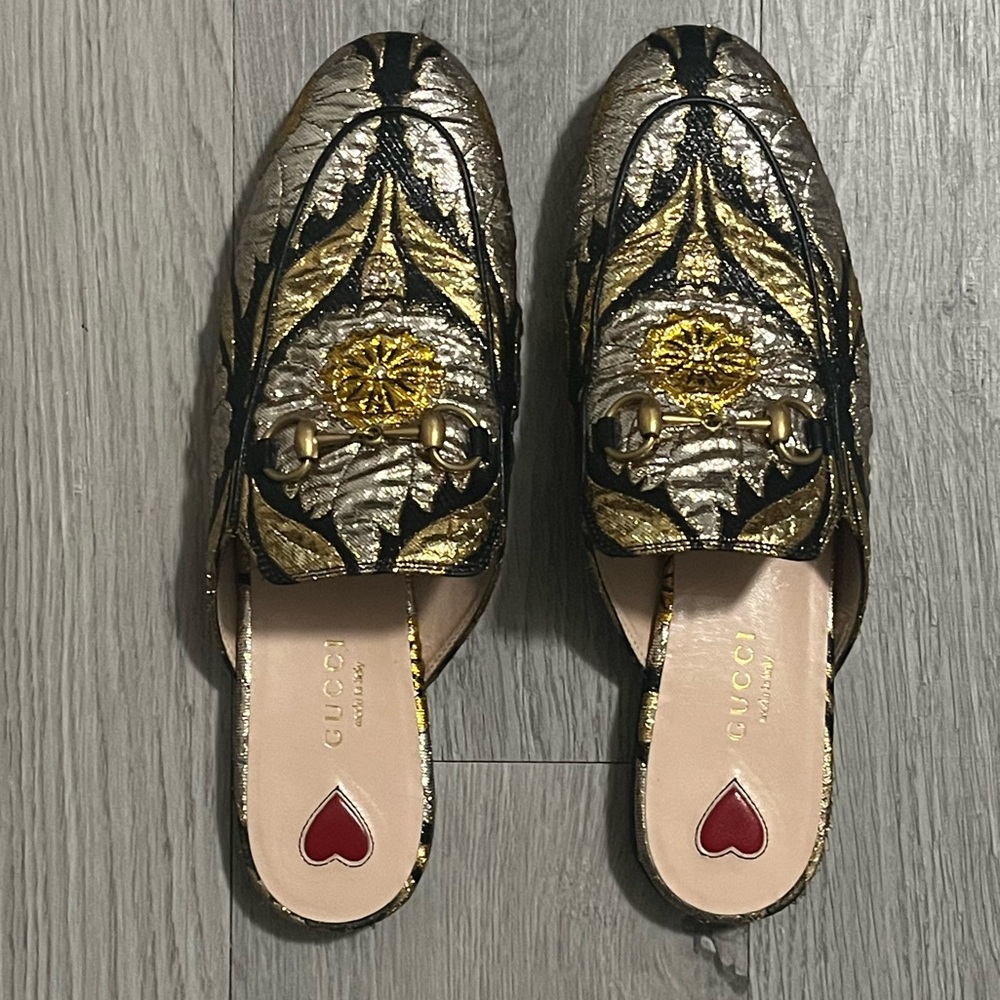Gucci women’s Princetown Metallic Jacquard Mules